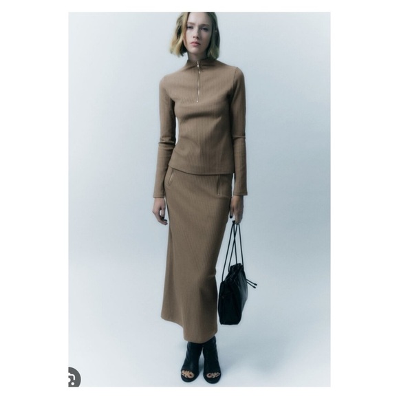 ZARA Tan Ribbed Double Zip Midi Pencil Sweater Skirt Medium NWT - Picture 5 of 10